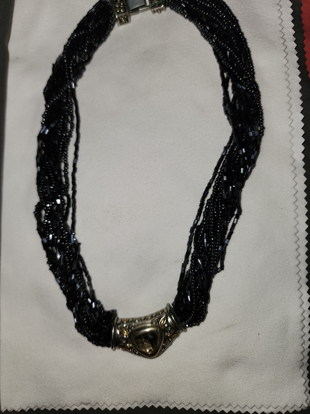 Vintage Black Multi-Strand Beaded Necklace with Silver-Tone Accent